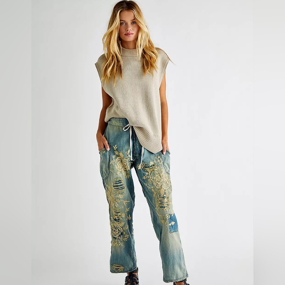 New Magnolia Pearl OKeefe Jeans Floral Embroidered Denim Jean Indigo Pant 210 os - Picture 2 of 16